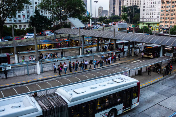Sao Paulo, Brazil, April, 26, 2013. Bus and passenger movement of the Bandeira Bus Terminal, in Bandeira Square, downtown Sao Paulo.