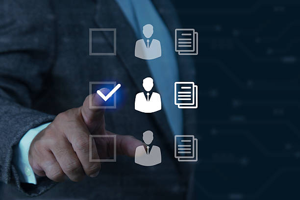 istock Businessman touch visual screen for resources recruitment employment headhunting concept, Leader project team management, HR human resource 2202421030