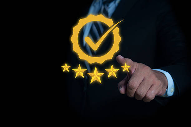 Businessman touch Service Quality assurance 5 star, Guarantee, Standards, ISO certification and standardization concept, service experience, show the standards of products and services.