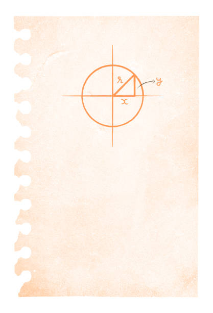 Vertical vector of cream beige light brown beige colored ripped crumpled paper page from a spiral notepad with holes from puncher, a right angled triangle formed in a circle centred at origin of coordinate axes - X Y plane, with radius as hypotenuse Vertical vector of cream beige light brown beige colored ripped crumpled paper page from a spiral notepad with holes from puncher, a right angled triangle formed in a circle centred at origin of coordinate axes - X Y plane, with radius as hypotenuse with copy space. Apt for back to school, Geometry related templates or backgrounds or mathematical wallpapers. perimeter formula stock illustrations