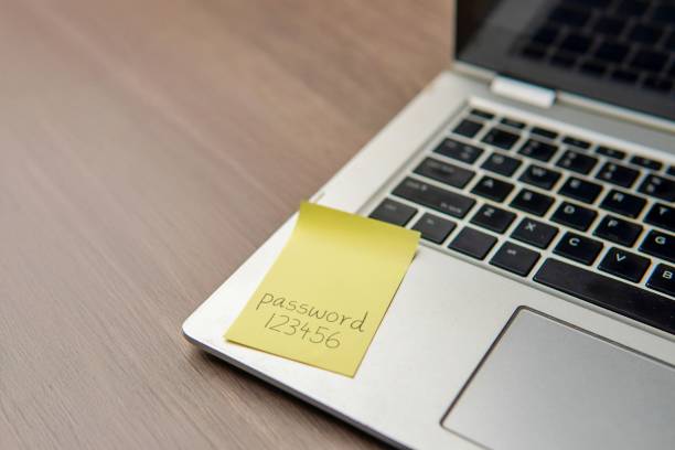 istock Sticky note with the word password 123456 on a laptop keyboard. 2202422501