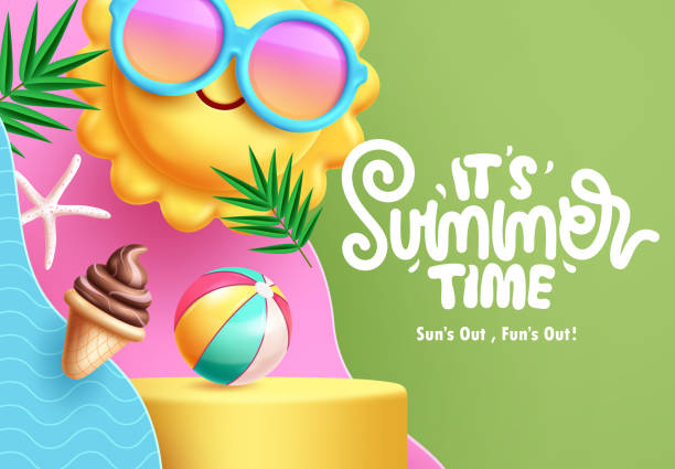 istock Summer time podium clipart poster design. Summer time greeting text clip art with sun character and colorful paper cut elements 2202423117