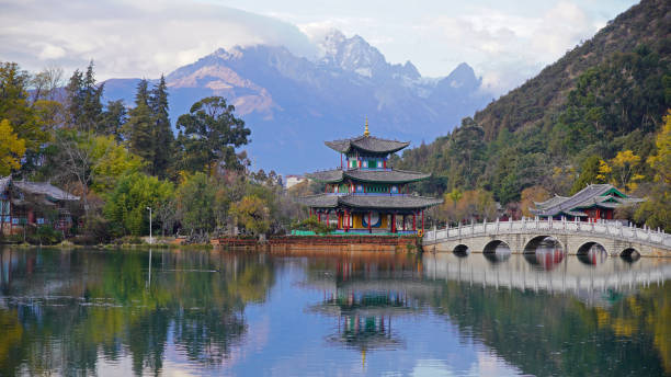 istock Snowy mountain and lake pavilion 2202429691