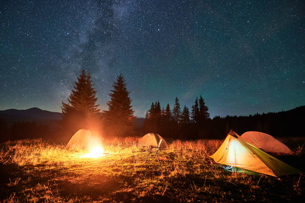 istock Several tents around glowing campfire on grassy clearing under starry sky with Milky Way. 2202433247