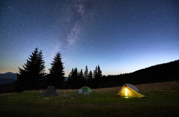 istock Several tents on grassy clearing under breathtaking, star-filled sky with Milky Way. 2202433252