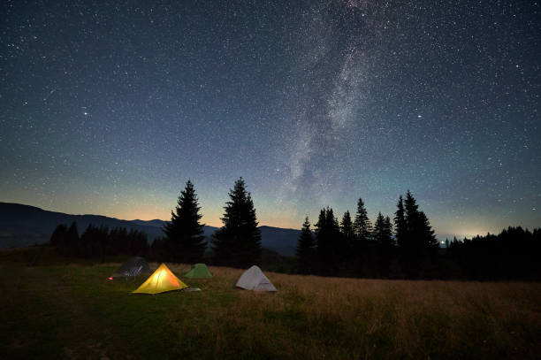 istock Several tents on grassy clearing under breathtaking, star-filled sky with Milky Way. 2202433255