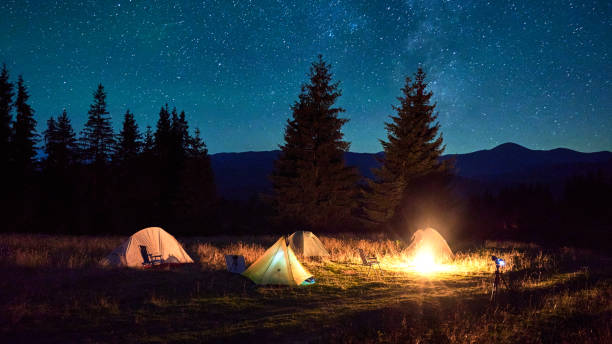istock Several tents around glowing campfire on grassy clearing under starry sky with Milky Way. 2202433280