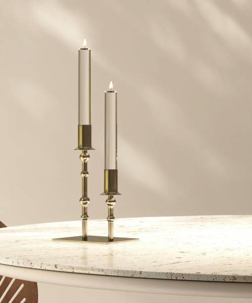 istock Modern, minimal round white terrazzo dining table, two gold candlestick with candles in sunlight on white wall dining room, tree shadow for luxury interior design decoration, product background 3D 2202434426