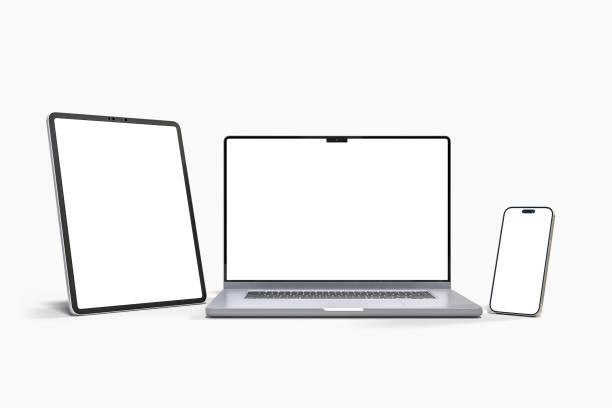 istock 3D Realistic laptop, tablet and smartphone digital device mockup with blank screen isolated on background. Mockup technology empty display template for ui, ux, app, ads and website presentation 2202435377