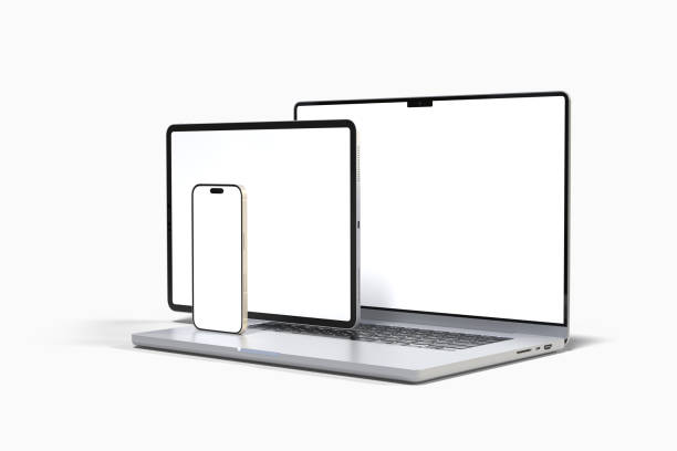 istock 3D Realistic laptop, tablet and smartphone digital device mockup with blank screen isolated on background. Mockup technology empty display template for ui, ux, app, ads and website presentation 2202435378