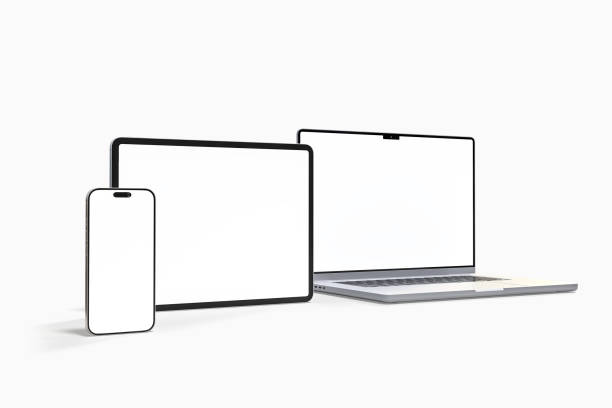 istock 3D Realistic laptop, tablet and smartphone digital device mockup with blank screen isolated on background. Mockup technology empty display template for ui, ux, app, ads and website presentation 2202435386
