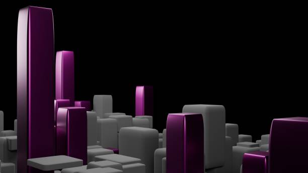 A 3D-rendered digital cityscape composed of floating cubes in shades of gray and magenta.