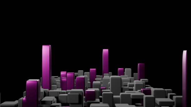 A highly stylized 3D-rendered digital cityscape with floating geometric structures in dark tones.