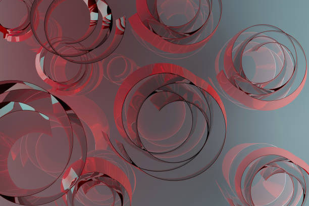 Abstract vibrant background with pattern of spirals, curls - light blue, grey, pink, red glossy metallic plastic with energy, movement, contemporary vibe for business, science, medicine. 3D rendering.