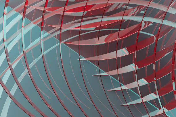 Abstract background with pattern of semicircles, curved lines, sharp edges of light blue, red glossy plastic with energy and tropical vibe for business, science, medicine. 3D rendering.