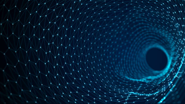 istock Digital binary data tunnel. Abstract connection of dots on dark background. Concept of network. 3D 2202440228