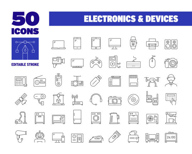 stockillustraties, clipart, cartoons en iconen met simple electronics and devices line icon set. technology, computer, equipment, device, gadget. editable stroke 50 line icons. - smartwatch