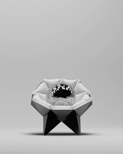 Disco glitter ball retro futuristic angular lounge chair shiny black white gray 3d illustration
