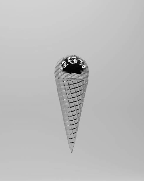 Disco glitter ball chrome ice cream cone  shiny reflective metallic black white gray 3d illustration