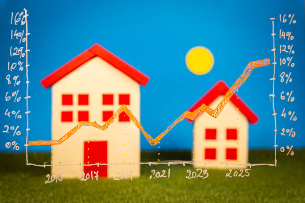 istock Housing market growth visualized through ascending line graph and miniature residential models 2202452295