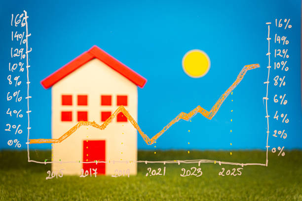 istock Housing price growth graph highlighting wooden miniature home, bright sunlight, blue backdrop signaling optimistic real estate market trend 2202452315