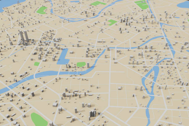 3D rendering city map illustration of a city map created using 3D modeling. Top view of Urban map with main road and sub road detailed representation of a city