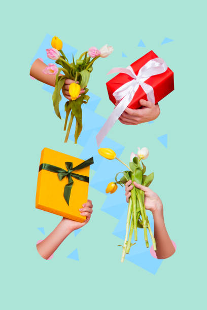 istock Vertical creative collage poster giftbox surprise party receive present easter celebration flowers bouquet psychedelic hands 2202458062