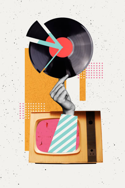 istock Art image vertical photo collage of hand hold retro vinyl disk piece celebration disco channel broadcast tv vintage melody playlist 2202458657