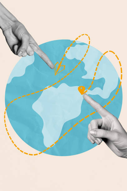 istock Vertical sketch 3d artwork collage poster of hands show each other point globe geolocation icon planet route choose immigration 2202458807