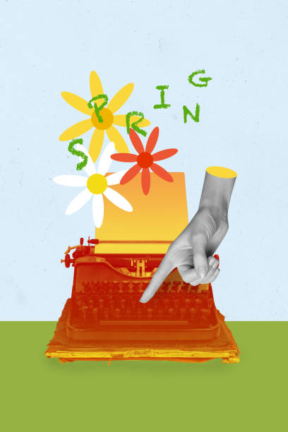 istock 3D collage design composite trend artwork sketch of typewrite machine retro tool hand gesture finger touch print spring word daisy flower 2202458834