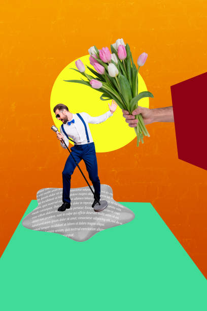 istock Exclusive image vertical photo collage of happy singer gentleman sing microphone performance hands hold tulips bouquet present 2202460478