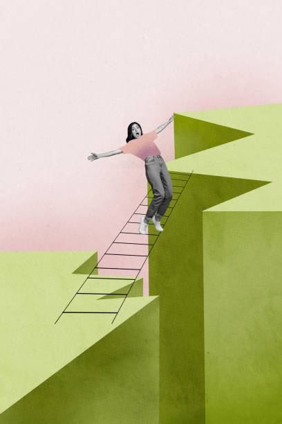 istock Sketch image trend artwork montage 3D photo collage of development goal challenge motivation young woman stand confused ladder edge cliff 2202460963