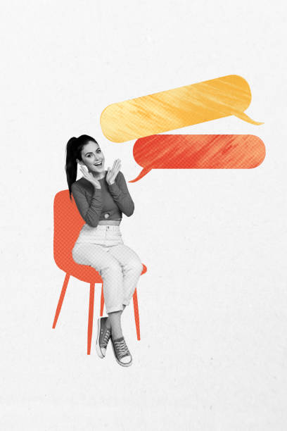 istock Exclusive image vertical photo collage of happy girl sit stool bubble communication speech chatterbox phrase correspondence 2202460991