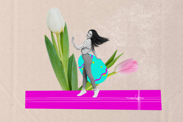 istock Creative design composite artwork collage of springtime religion feast paschal festive eggs young lady nice dance big size tulip flower 2202461004