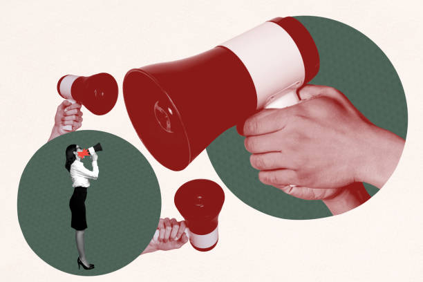 istock Composite art 3d creative image collage of angry boss girl hold megaphone agitation strike rebellion tension hands loudspeaker 2202461082