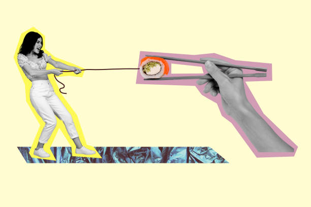 istock Sketch template design 3D photo collage composite of young lady stand hold rope pull sushi fish asian sticks food chef diet hungry tasty 2202461145