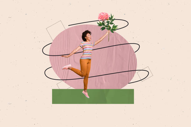 istock Composite image montage trend artwork 3D collage of young lady stand hand hold peony flower line botanical bouquet season nature bloom 2202461949