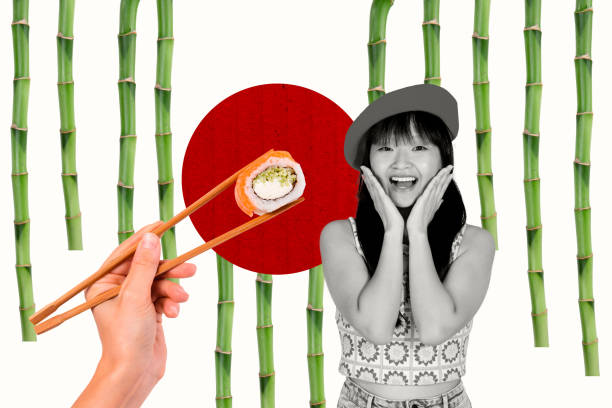 istock Creative artwork template sketch image 3D collage of bamboo tree branch nature hand hold sushi sea roll chopsticks rice young lady smile 2202462346