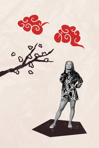 3D collage trend artwork sketch poster of young lady stand model posing think branch tree cloud pattern japan national cultural element.