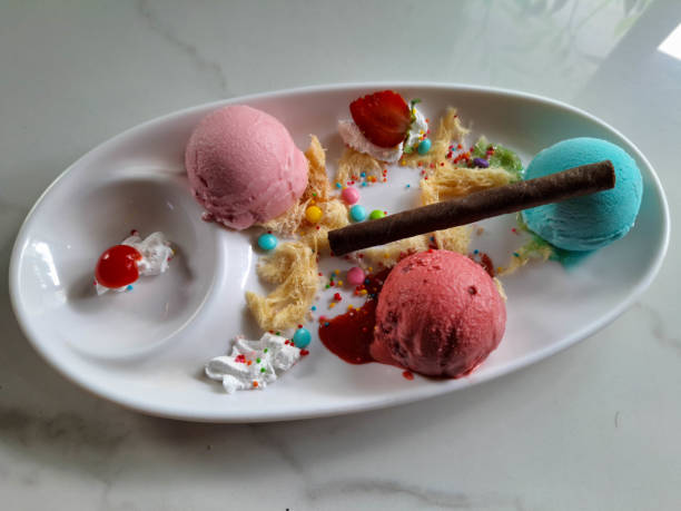 Ice Cream With Bubblegum Cream, Raspeberry Cream, Strawberry Cream, Whipped Cream, Cotton Candy, Chewing Gum Candy, Strawberry Fruit And Chocolate Stick. Food Menu.