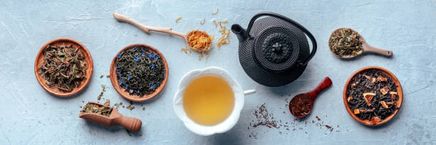 istock Loose tea leaves panorama. Black, green, white tea, an assortment 2202463733
