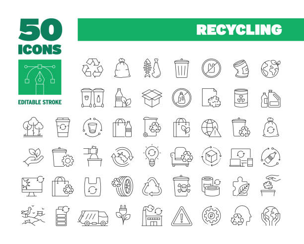 Simple Recycling Line Icon Set. Garbage, Compost, Zero Waste, Paper, Plastic, Electronic Waste, Ecology. Editable Stroke 50 Line Icons. Simple Recycling Line Icon Set. Garbage, Compost, Zero Waste, Paper, Plastic, Electronic Waste, Ecology. Editable Stroke 50 Line Icons. garbage stock illustrations