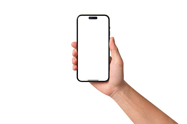 istock Close-up of hand holding modern smartphone with blank screen isolated on white background. High quality studio shot. Concept for technology, business, finance, advertising and public relations. 2202465862