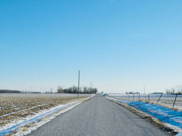 istock Country road in between fields on sunny day. 2202466151