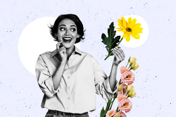 istock Composite art 3d creative image collage of happy girl hold chrysanthemum flower bloom eustoma choice spring holiday florist 2202466231