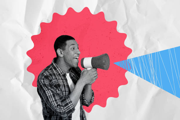 istock Trend artwork template design 3D collage sketch of workspace entrepreneur profession employment young guy smile hold megaphone loud voice 2202466398