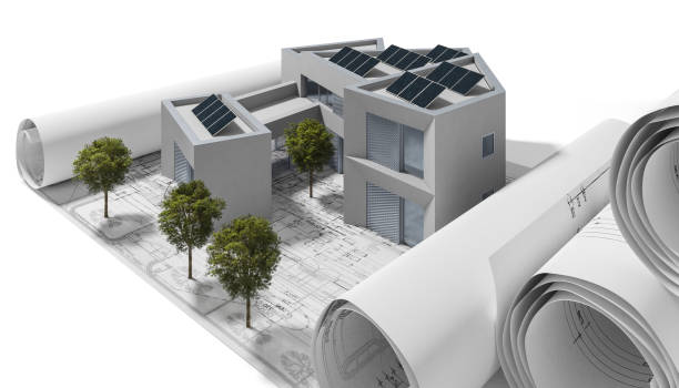 istock Overview of an energy efficient apartment building with solar panels - 3D visualization 2202467622