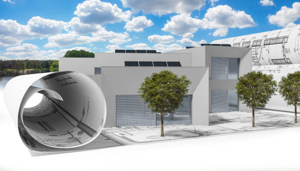 istock Construction planning for an energy efficient apartment building with solar panels & landscape integration - 3D visualization 2202467630