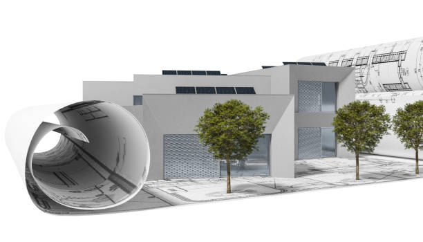 istock Construction planning for an energy efficient apartment building with solar panels - 3D visualization 2202467636
