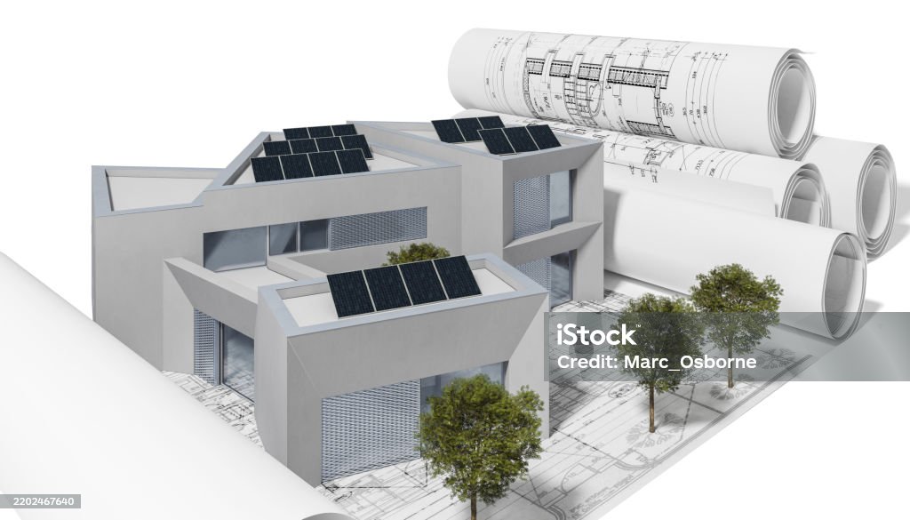 Energy Efficient Apartment Building With Solar Panels 3d Visualization ...